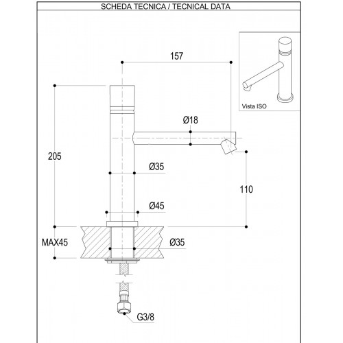 Miscelatore lavabo 174mm Diametro 35 Inox Concrete Ritmonio - contecom