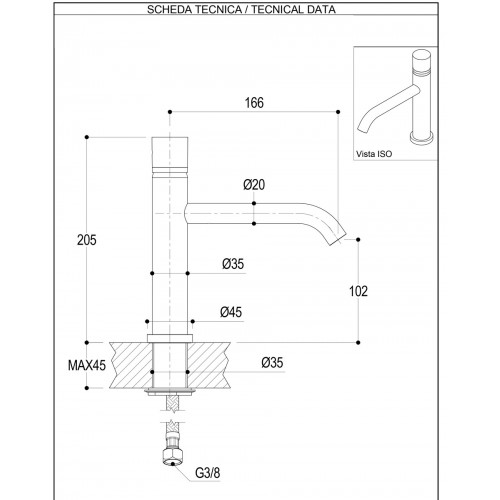 Miscelatore lavabo 183mm Diametro 35 Inox Concrete Ritmonio - contecom