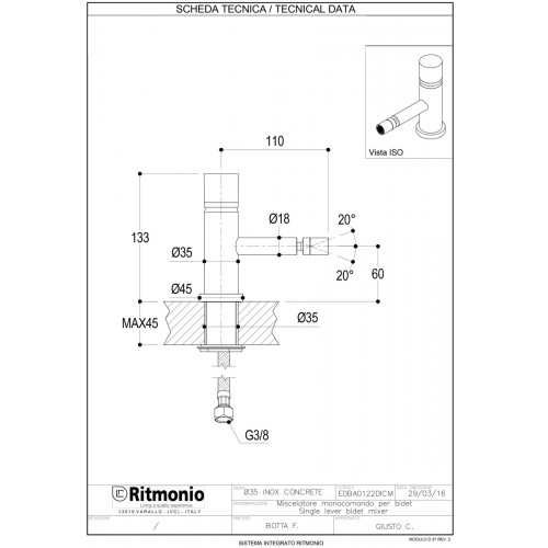 Miscelatore bidet Diametro 35 Inox Concrete Ritmonio - contecom